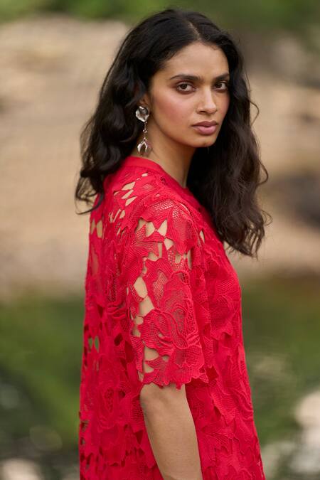 Shop_Dash And Dot_Red Polyester Lace Round Neck Midi Dress _Online_at_Aza_Fashions