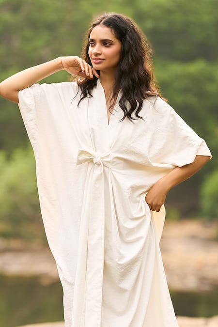 Dash And Dot_Ivory Polyester V-neck Kaftan Dress _Online_at_Aza_Fashions
