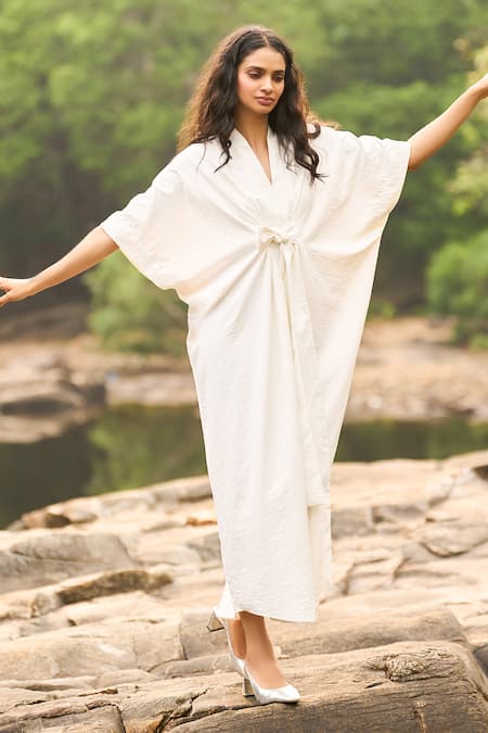 Shop_Dash And Dot_Ivory Polyester V-neck Kaftan Dress _Online_at_Aza_Fashions