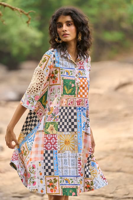 Shop_Dash And Dot_Multi Color Polyester Collared Crochet Print Shirt Dress _Online_at_Aza_Fashions