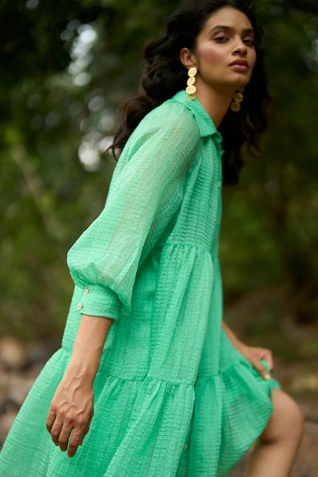 Dash And Dot_Green Tencel, Nylon Collared Textured Tiered Dress _Online_at_Aza_Fashions