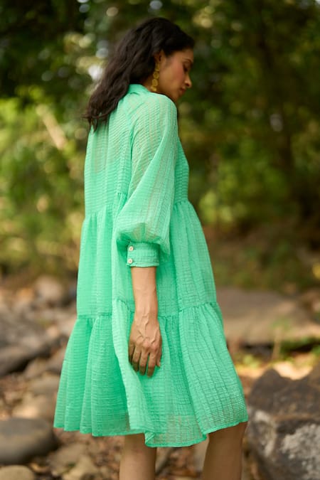 Buy_Dash And Dot_Green Tencel, Nylon Collared Textured Tiered Dress _Online_at_Aza_Fashions