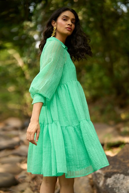 Shop_Dash And Dot_Green Tencel, Nylon Collared Textured Tiered Dress _Online_at_Aza_Fashions
