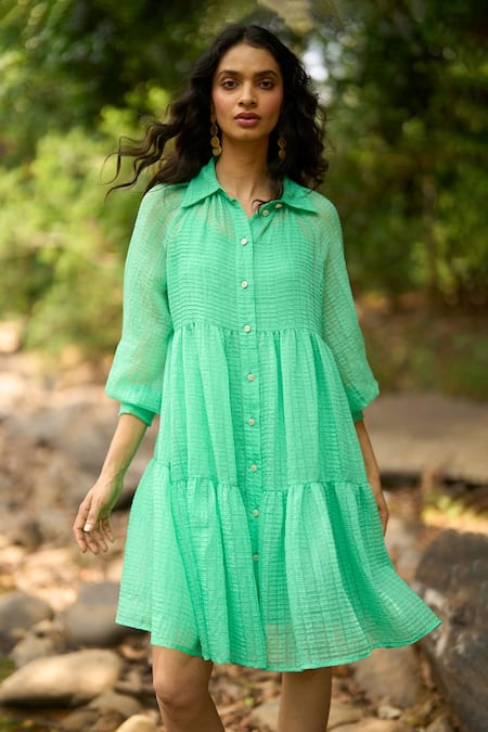 Dash And Dot Textured Tiered Green Dress 