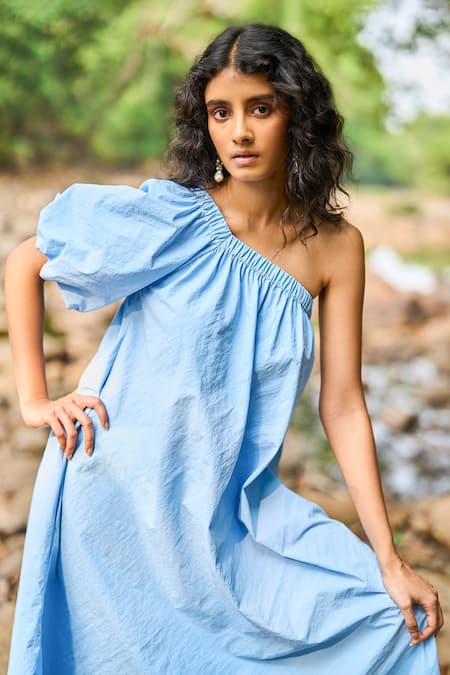 Shop Dash And Dot Sky Blue Nylon One Shoulder Midi Dress Online at Aza Fashions Shop_Dash And Dot_Sky Blue Nylon One Shoulder Midi Dress _Online_at_Aza_Fashions