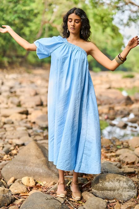 Dash And Dot Sky Blue One-Shoulder Midi Dress 