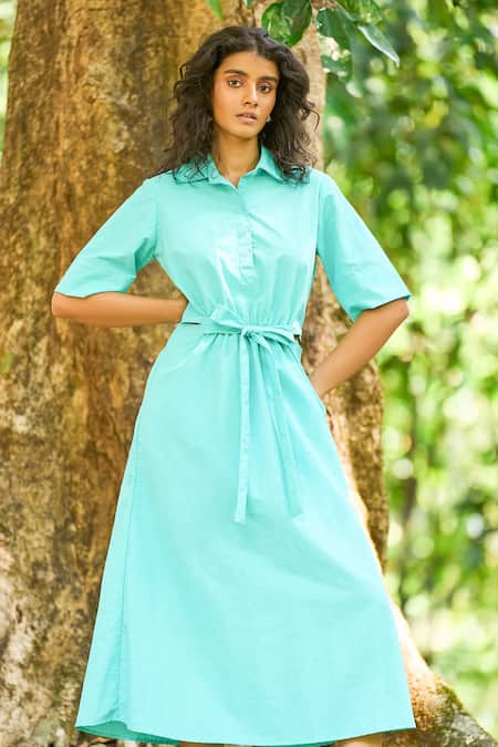 Shop_Dash And Dot_Aqua Nylon Collared Blue A-line Midi Dress _Online_at_Aza_Fashions