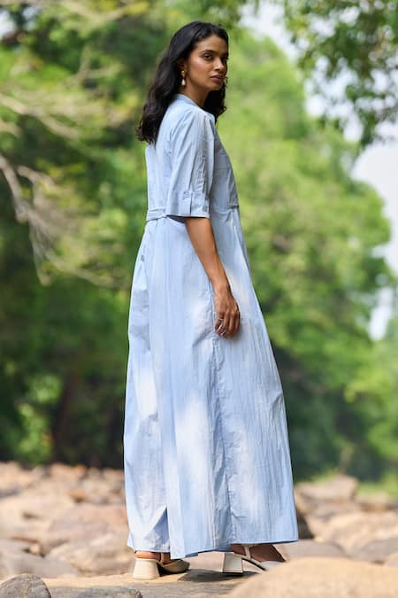 Dash And Dot_Sky Blue Cotton, Nylon Collared Tailored Wide-legged Jumpsuit _Online_at_Aza_Fashions