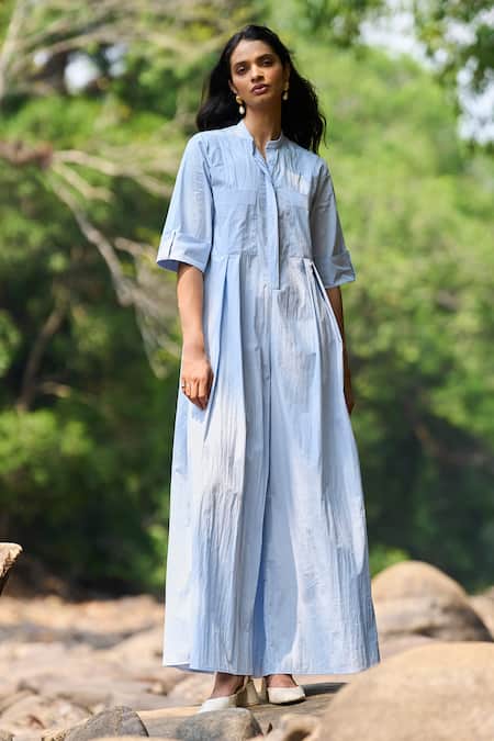 Buy_Dash And Dot_Sky Blue Cotton, Nylon Collared Tailored Wide-legged Jumpsuit _Online_at_Aza_Fashions