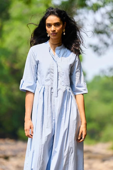 Shop_Dash And Dot_Sky Blue Cotton, Nylon Collared Tailored Wide-legged Jumpsuit _Online_at_Aza_Fashions