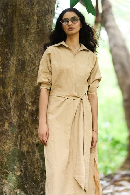 Dash And Dot_Beige Nylon V-neck Midi Dress _Online_at_Aza_Fashions