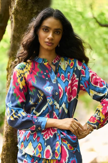 Buy_Dash And Dot_Multi Color Viscose Bandeau Neck Bold Ikat Print Shirt And Pant Set _Online_at_Aza_Fashions