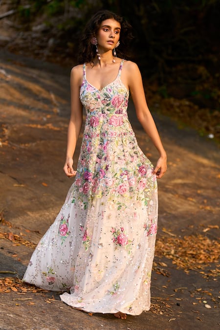Dash and Dot Floral Embroidered Fit and Flare Gown 