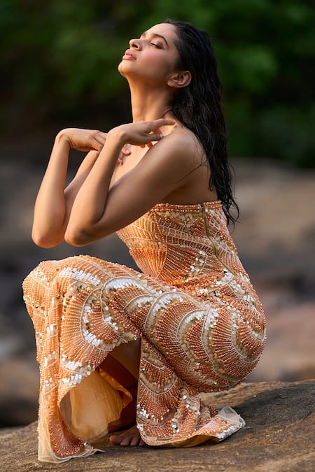 Dash And Dot_Multi Color Polyester Sequins, Pearls Off-shoulder Cascading Embroidered Gown _at_Aza_Fashions