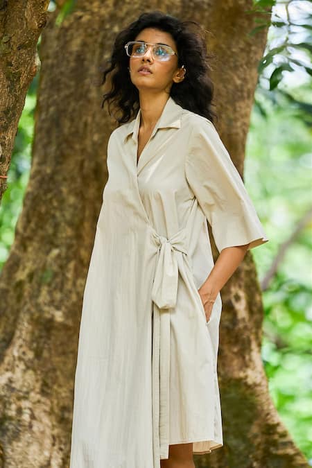 Dash And Dot_Beige Cotton, Nylon Collared Asymmetrical Hem Wrap Midi Shirt Dress _Online_at_Aza_Fashions
