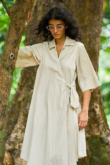 Buy_Dash And Dot_Beige Cotton, Nylon Collared Asymmetrical Hem Wrap Midi Shirt Dress _Online_at_Aza_Fashions