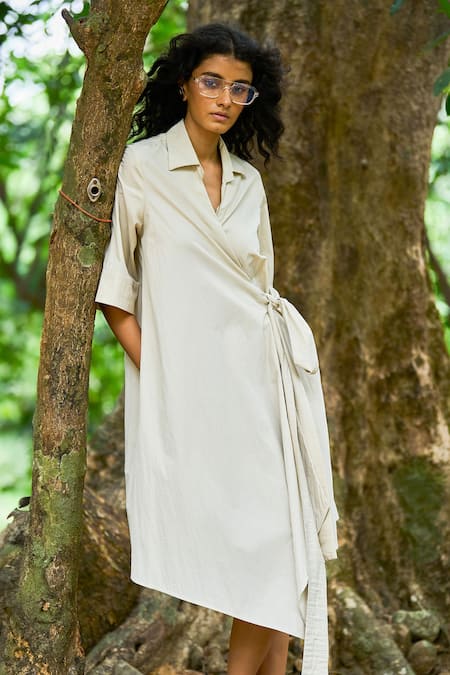 Shop_Dash And Dot_Beige Cotton, Nylon Collared Asymmetrical Hem Wrap Midi Shirt Dress _Online_at_Aza_Fashions
