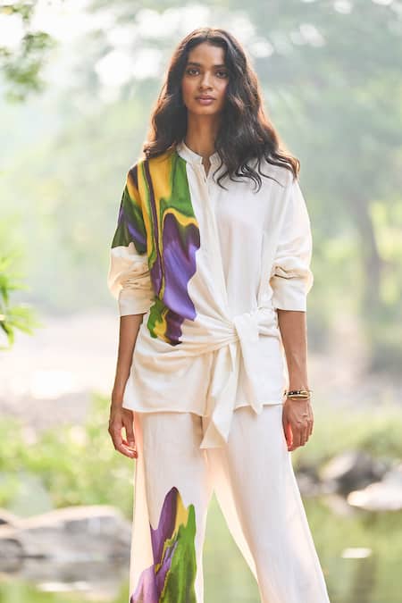 Dash And Dot_White Viscose, Linen Collared Abstract Watercolour Print Shirt And Pant Set _Online_at_Aza_Fashions
