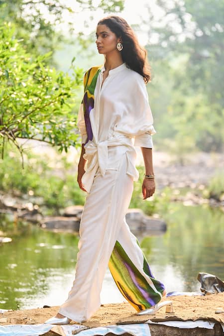 Buy_Dash And Dot_White Viscose, Linen Collared Abstract Watercolour Print Shirt And Pant Set _Online_at_Aza_Fashions