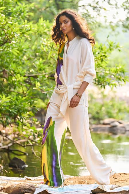 Dash And Dot_White Viscose, Linen Collared Abstract Watercolour Print Shirt And Pant Set _at_Aza_Fashions