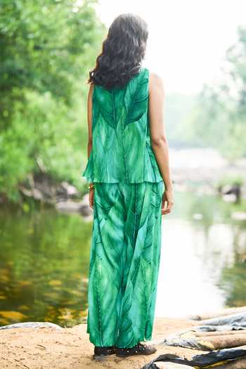 Shop Dash And Dot Green Polyester V-neck Leaf Printed A-line Top And Straight-fit Pant Set at Aza Fashions Shop_Dash And Dot_Green Polyester V-neck Leaf Printed A-line Top And Straight-fit Pant Set _at_Aza_Fashions