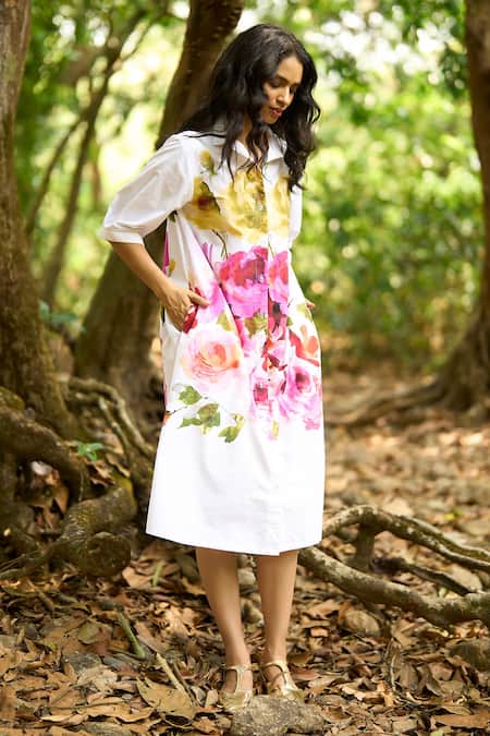 Buy_Dash And Dot_Multi Color Cotton Collared Floral Watercolour Midi Shirt Dress _Online_at_Aza_Fashions