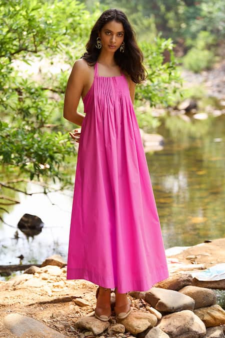 Shop_Dash And Dot_Fuchsia Cotton, Poplin Halter Neck Tie-neck Dress _Online_at_Aza_Fashions
