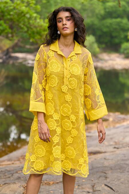 Dash And Dot_Yellow Polyester Embroidery Collared Lemon Organza Lace Dress _Online_at_Aza_Fashions