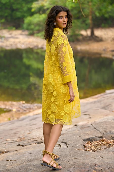 Buy_Dash And Dot_Yellow Polyester Embroidery Collared Lemon Organza Lace Dress _Online_at_Aza_Fashions