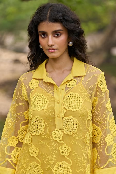 Shop_Dash And Dot_Yellow Polyester Embroidery Collared Lemon Organza Lace Dress _Online_at_Aza_Fashions