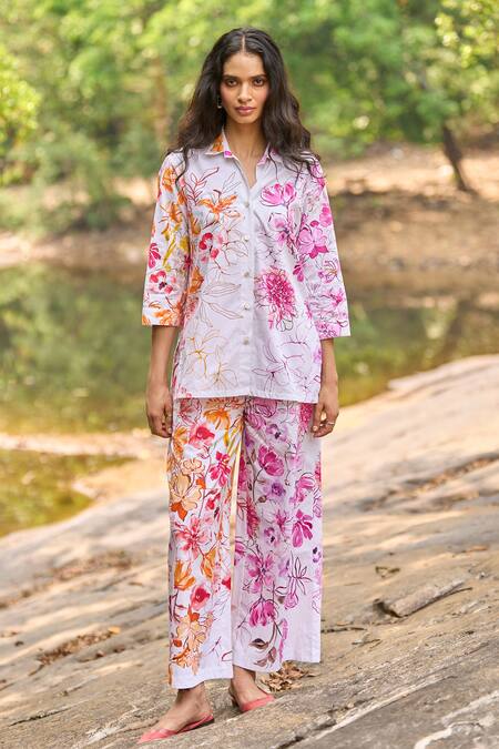 Dash And Dot_Multi Color Cotton Collared Floral Print Organic Set _at_Aza_Fashions