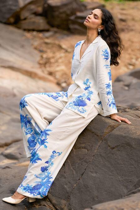 Shop_Dash And Dot_White Viscose, Linen V-neck Boxy Floral Print Shirt And Pant Set _Online_at_Aza_Fashions