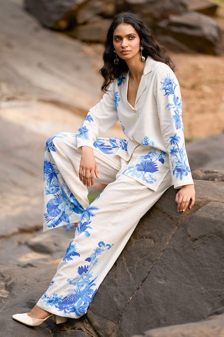 Dash And Dot_White Viscose, Linen V-neck Boxy Floral Print Shirt And Pant Set _at_Aza_Fashions