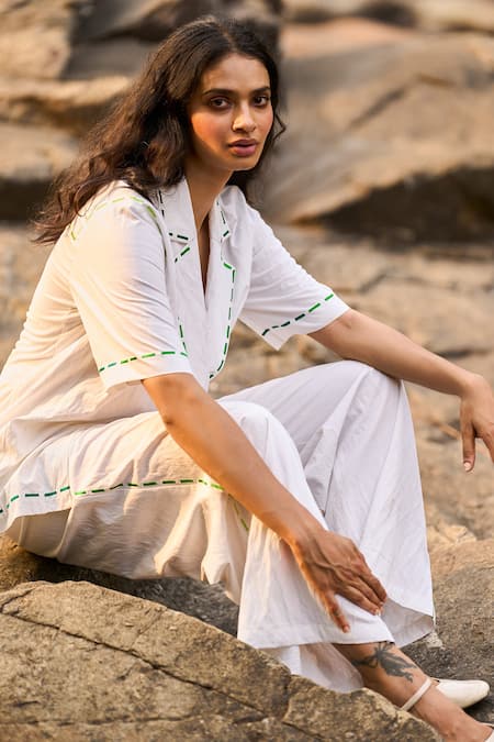 Buy_Dash And Dot_Ivory Viscose, Nylon Embroidery Collared Notch Textured Top _Online_at_Aza_Fashions