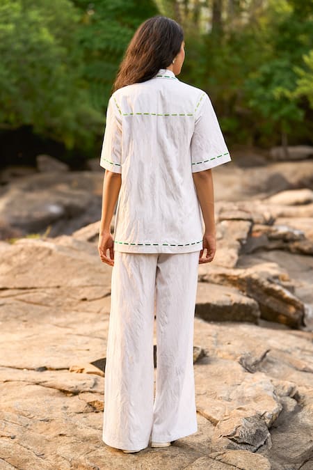 Shop_Dash And Dot_Ivory Viscose, Nylon Embroidery Collared Notch Textured Top _at_Aza_Fashions