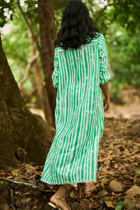 Shop_Dash And Dot_White Cotton, Linen Button-down Neck Handpainted Stripe Longline Shirt Tunic _Online_at_Aza_Fashions
