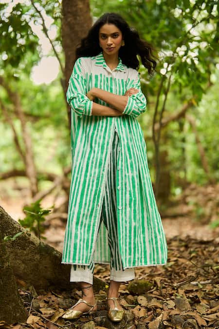 Dash And Dot_White Cotton, Linen Button-down Neck Handpainted Stripe Longline Shirt Tunic _at_Aza_Fashions
