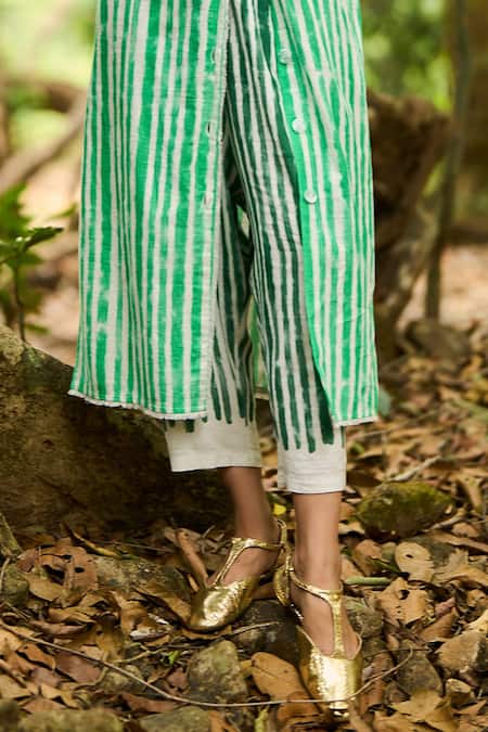 Dash And Dot_White Viscose, Linen Collared Handpainted Stripe Longline Shirt And Pant Set _Online_at_Aza_Fashions