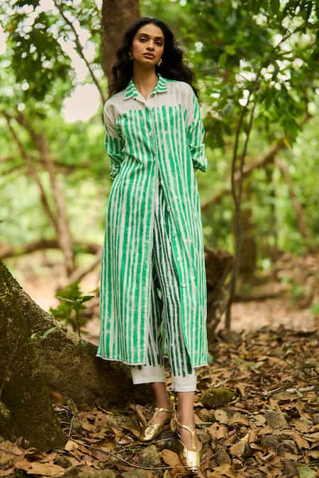 Shop_Dash And Dot_White Viscose, Linen Collared Handpainted Stripe Longline Shirt And Pant Set _Online_at_Aza_Fashions