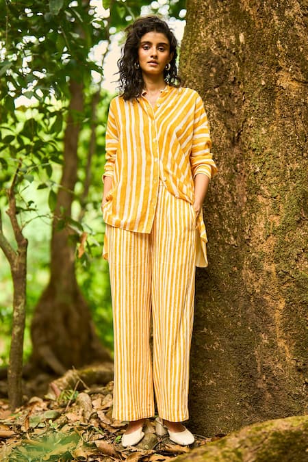 Dash And Dot_Yellow Cotton, Viscose, Linen Bandeau Sunflower Print Organic Shirt And Pant Set _Online_at_Aza_Fashions