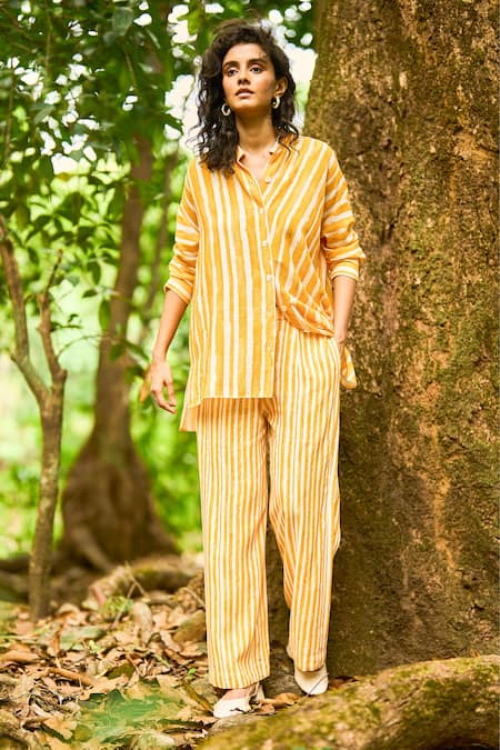 Shop_Dash And Dot_Yellow Cotton, Viscose, Linen Bandeau Sunflower Print Organic Shirt And Pant Set _Online_at_Aza_Fashions