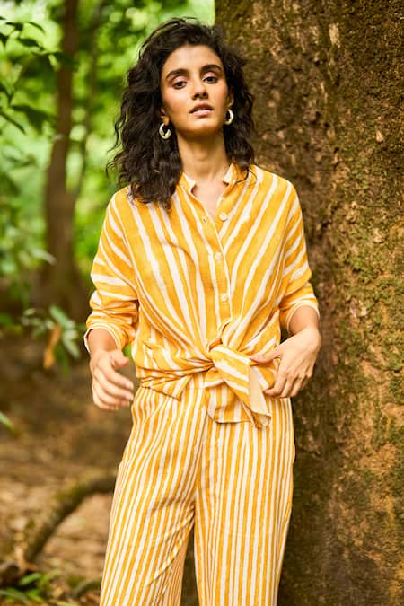 Dash And Dot_Yellow Cotton, Viscose, Linen Bandeau Sunflower Print Organic Shirt And Pant Set _at_Aza_Fashions