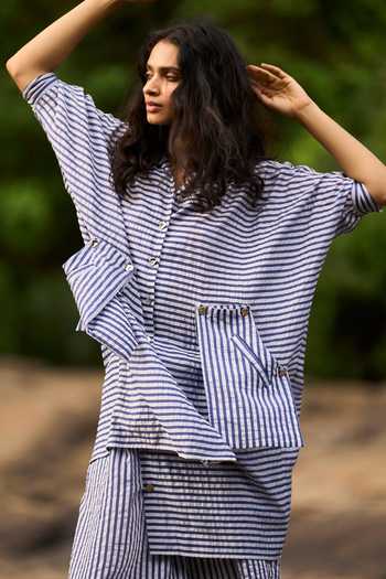 Dash And Dot Blue Rayon, Nylon Collared Striped Longline Shirt And Wide-legged Pant Set Online at Aza Fashions Dash And Dot_Blue Rayon, Nylon Collared Striped Longline Shirt And Wide-legged Pant Set _Online_at_Aza_Fashions