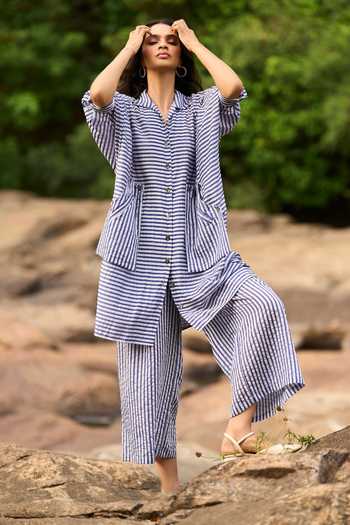 Buy Dash And Dot Blue Rayon, Nylon Collared Striped Longline Shirt And Wide-legged Pant Set Online at Aza Fashions Buy_Dash And Dot_Blue Rayon, Nylon Collared Striped Longline Shirt And Wide-legged Pant Set _Online_at_Aza_Fashions