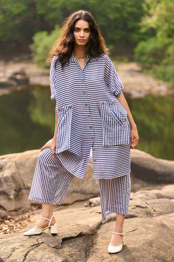 Shop Dash And Dot Blue Rayon, Nylon Collared Striped Longline Shirt And Wide-legged Pant Set Online at Aza Fashions Shop_Dash And Dot_Blue Rayon, Nylon Collared Striped Longline Shirt And Wide-legged Pant Set _Online_at_Aza_Fashions