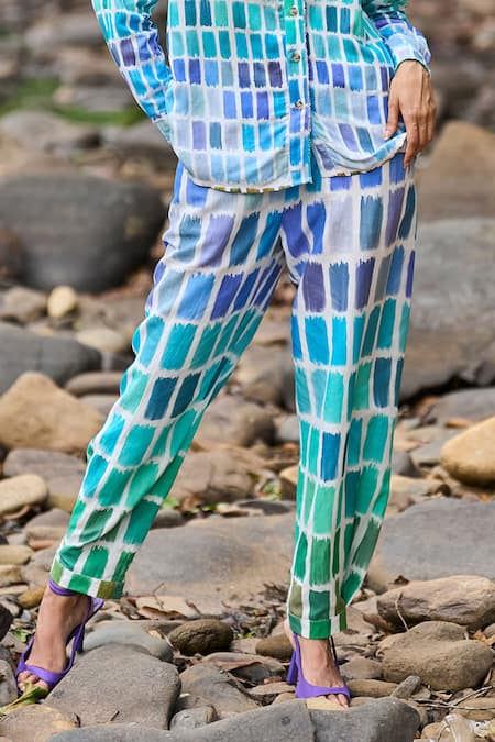 Dash And Dot_Multi Color Viscose, Linen Mandarin Collar Ombre Hand Painted Shirt And Pant Set _Online_at_Aza_Fashions