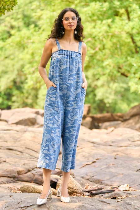 Buy_Dash And Dot_Blue Cotton, Polyester Open Neck Textured Indigo Jumpsuit _Online_at_Aza_Fashions