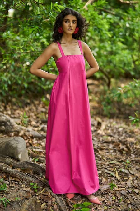 Buy_Dash And Dot_Fuchsia Cotton Square Neck Pink A-line Midi Dress _Online_at_Aza_Fashions
