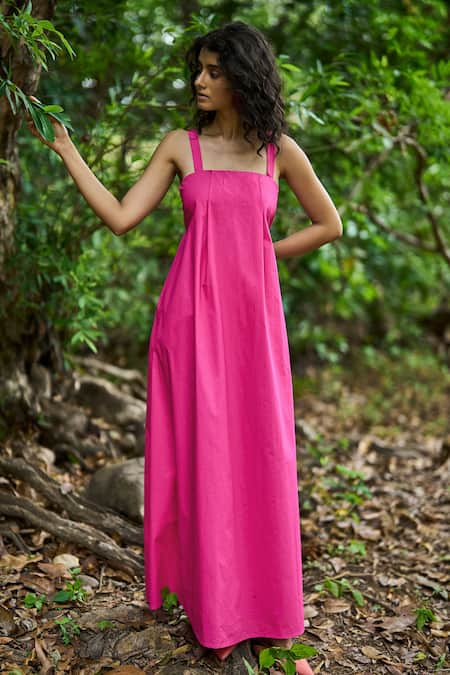 Shop_Dash And Dot_Fuchsia Cotton Square Neck Pink A-line Midi Dress _Online_at_Aza_Fashions