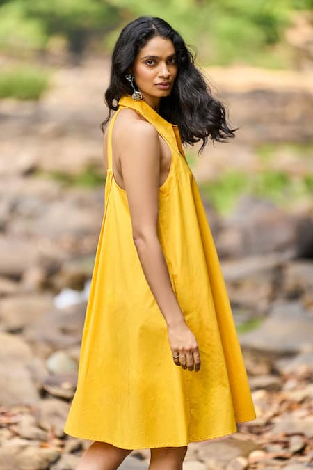 Dash And Dot Yellow Cotton Halter Neck Mango Mini Shirt Dress Online at Aza Fashions Dash And Dot_Yellow Cotton Halter Neck Mango Mini Shirt Dress _Online_at_Aza_Fashions